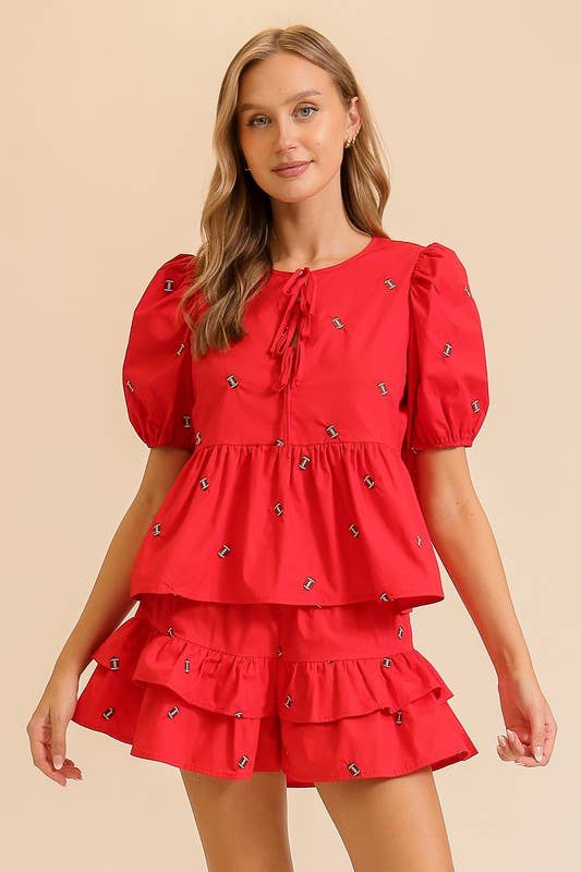 Red Football Tie Blouse Top