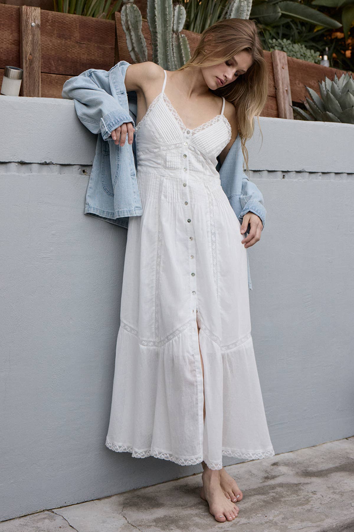 Lace Trim Button-Down Maxi Dress