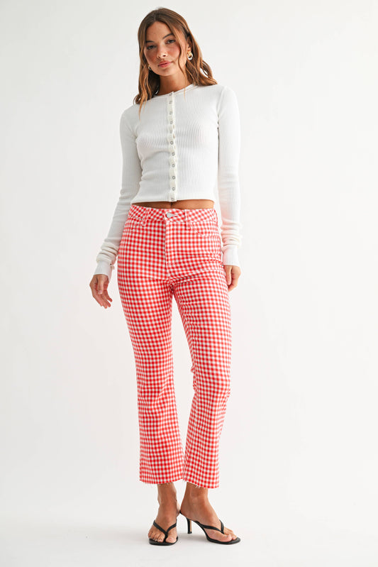 High Rise Red Gingham Cropped Flare Jeans