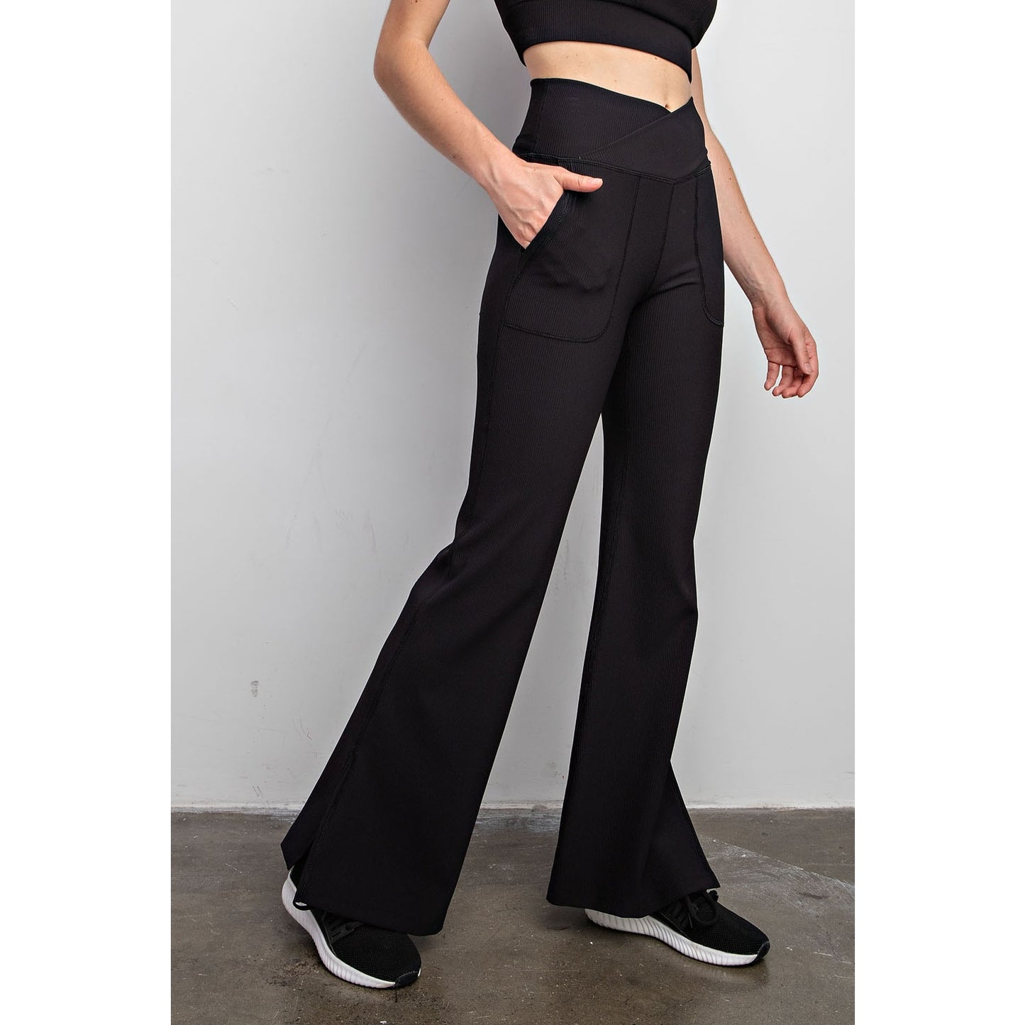 Black Nylon Rib V Waist Flared Leggings