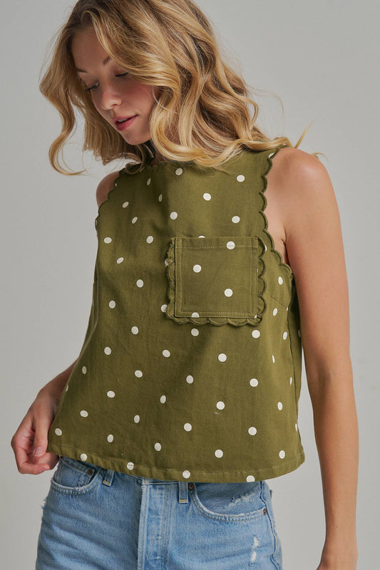 Polka Dot Twill Top with Pocket