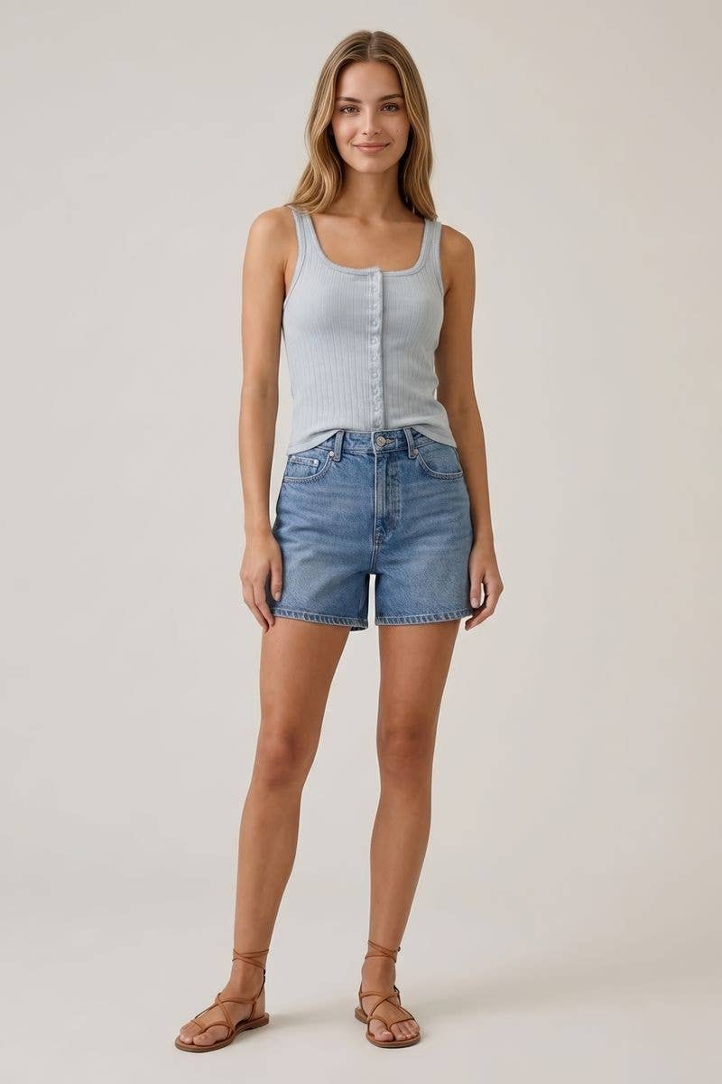 Square Neck Contrast Stitching Light Blue Tank Top