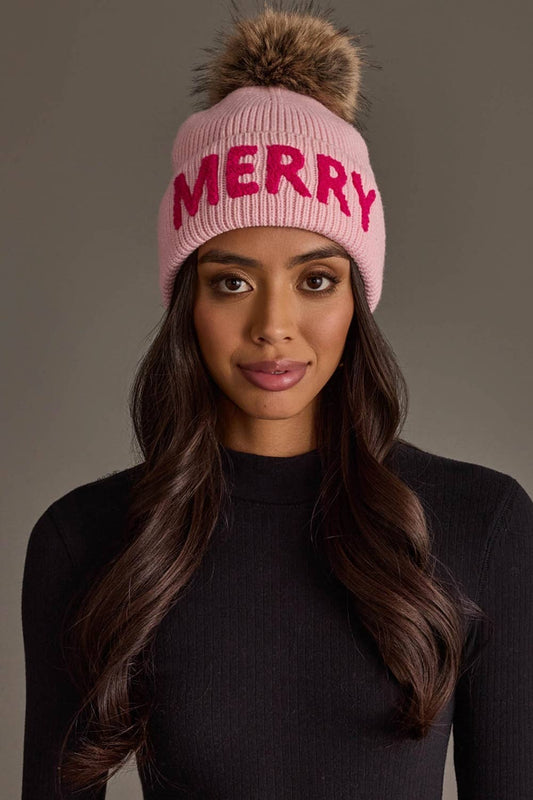 Pink Merry Knit Beanie Pom Hat