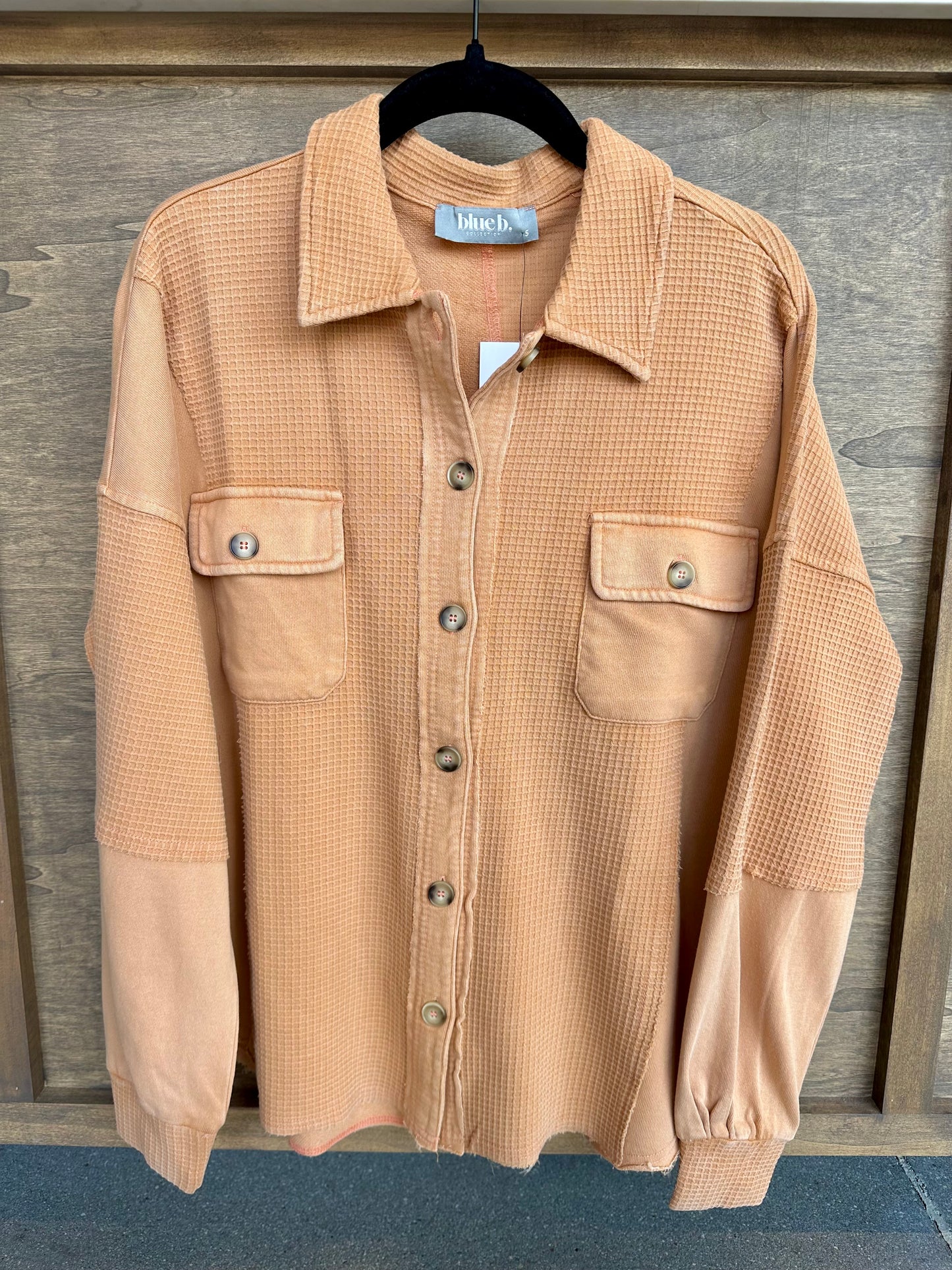 Camel Brown Garment Washed Waffle Knit Shirt Jacket