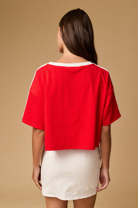 Red Cropped Tee with Stripe Trim