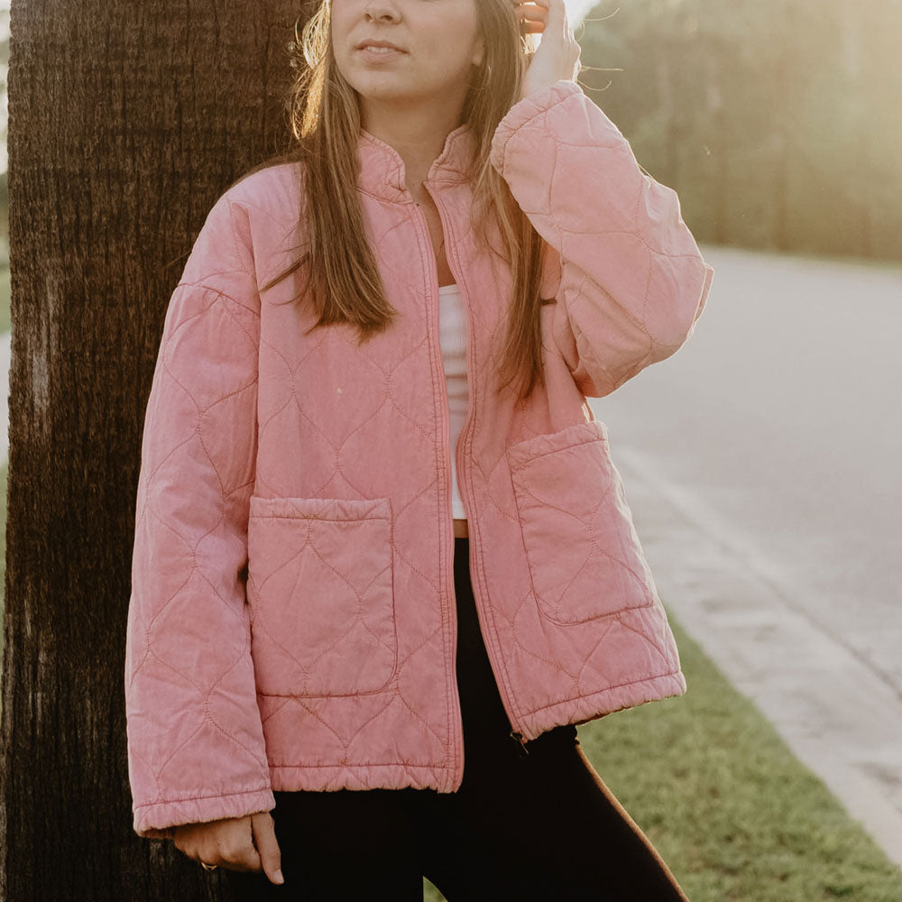Pink Garment Washed Quilted Jacket