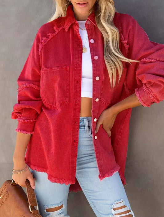 Red Oversized Raw Edge Denim Jacket