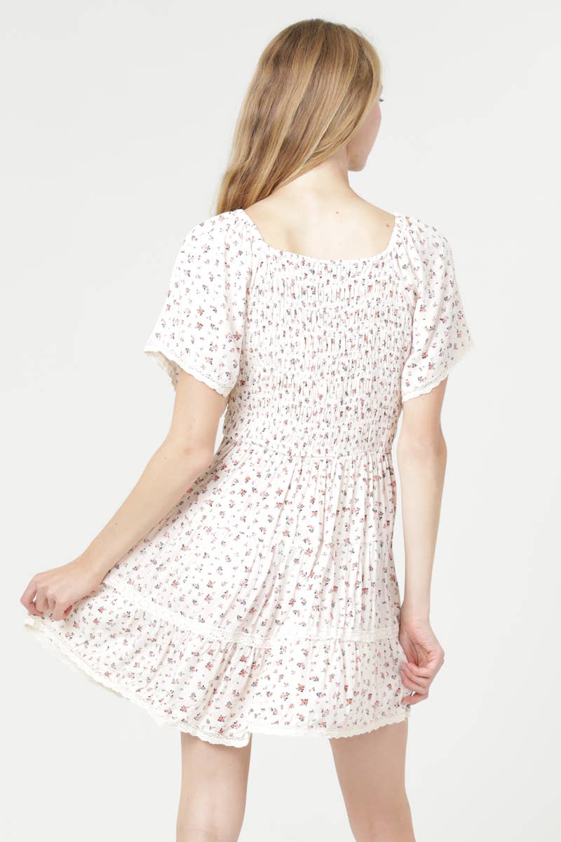 Floral V-Neck Smocked Lace Trim Dress