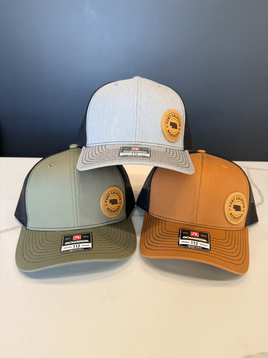 Fort Calhoun, Nebraska Coordinates Leather Patch Trucker Hat