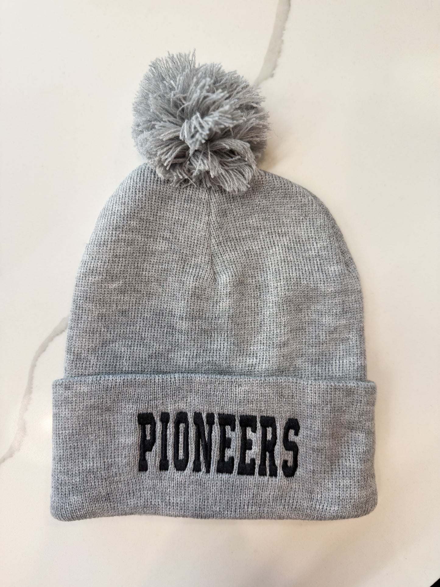 Pioneers Embroidered Grey Pom Beanie