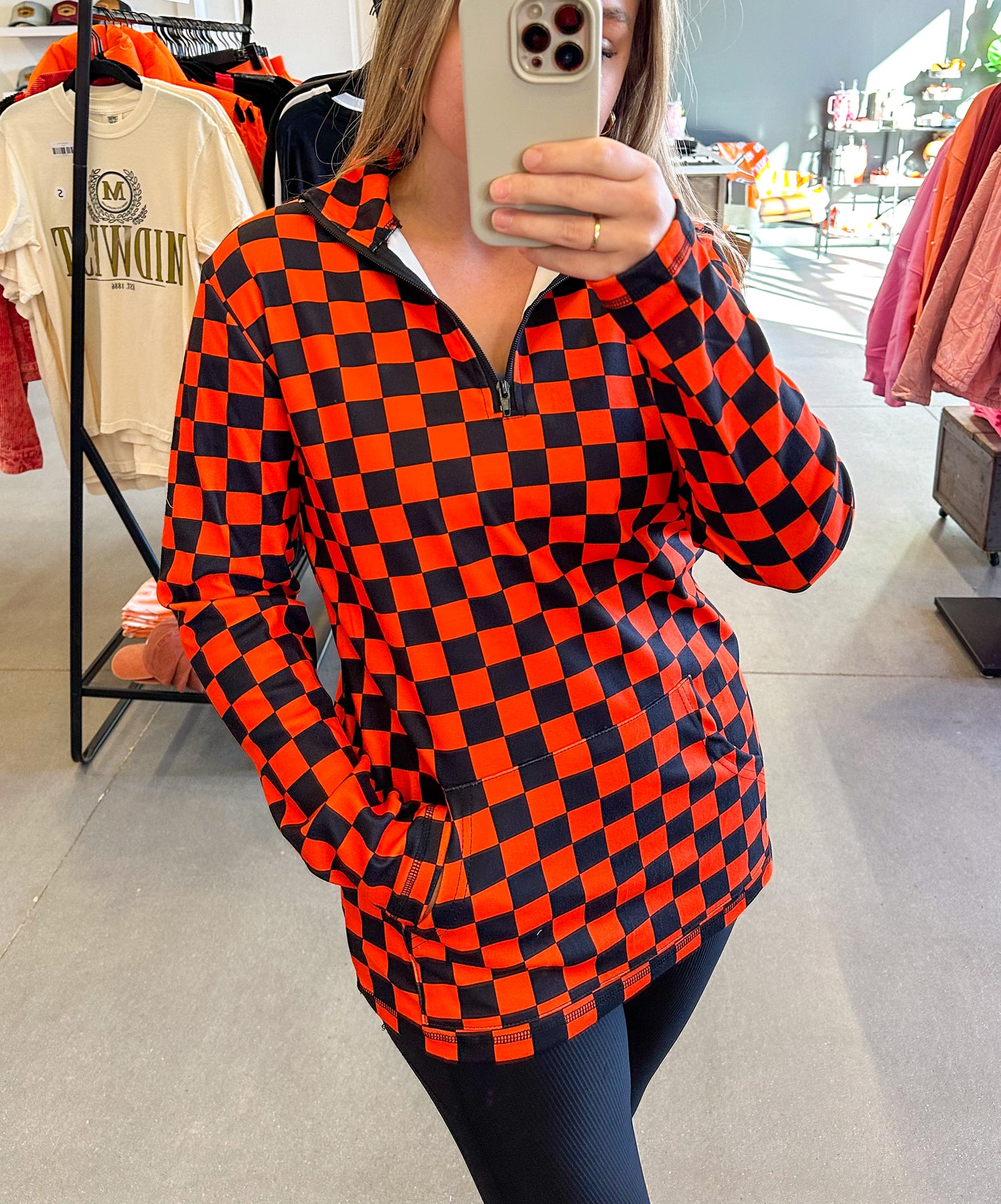 Unisex Orange & Black Checkered Quarter-Zip Pullover