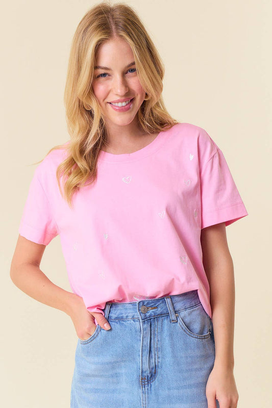 Heart Embroidered Relaxed Crop T-Shirt