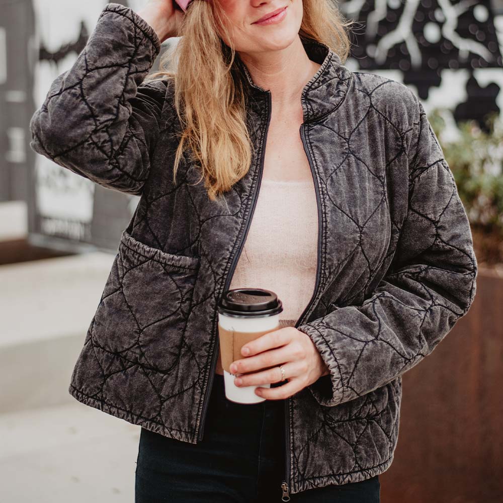 Charcoal Black Garment Washed Quilted Jacket