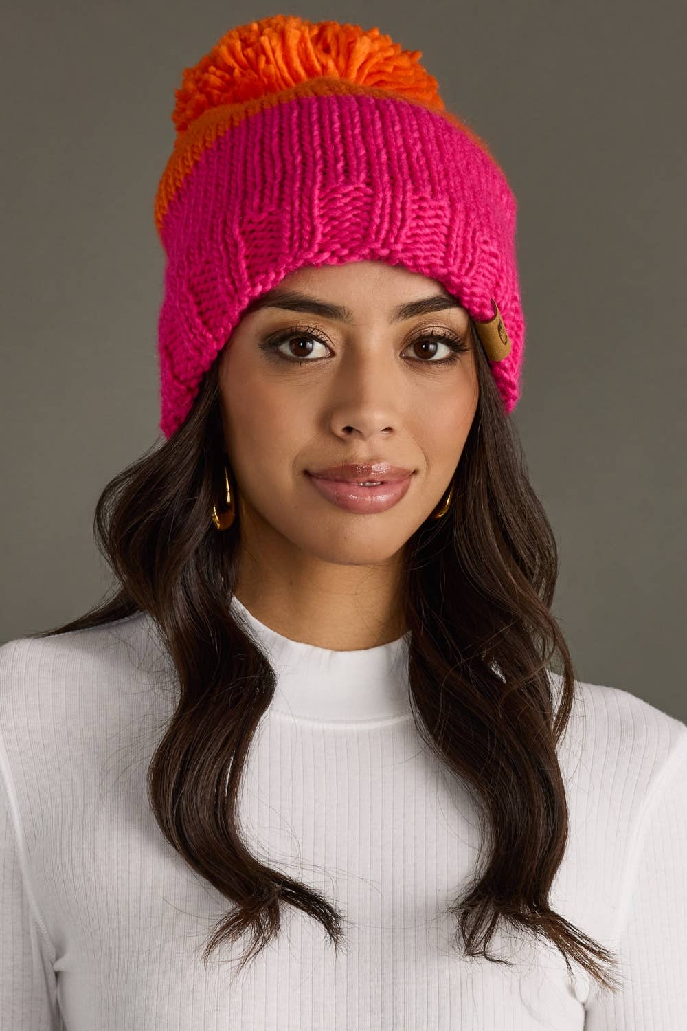 Orange & Pink Color Block Pom Hat