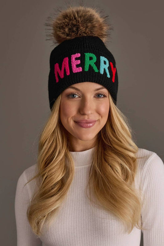 Black Merry Knit Pom Blush Decorative Knit Pom Hat Hat
