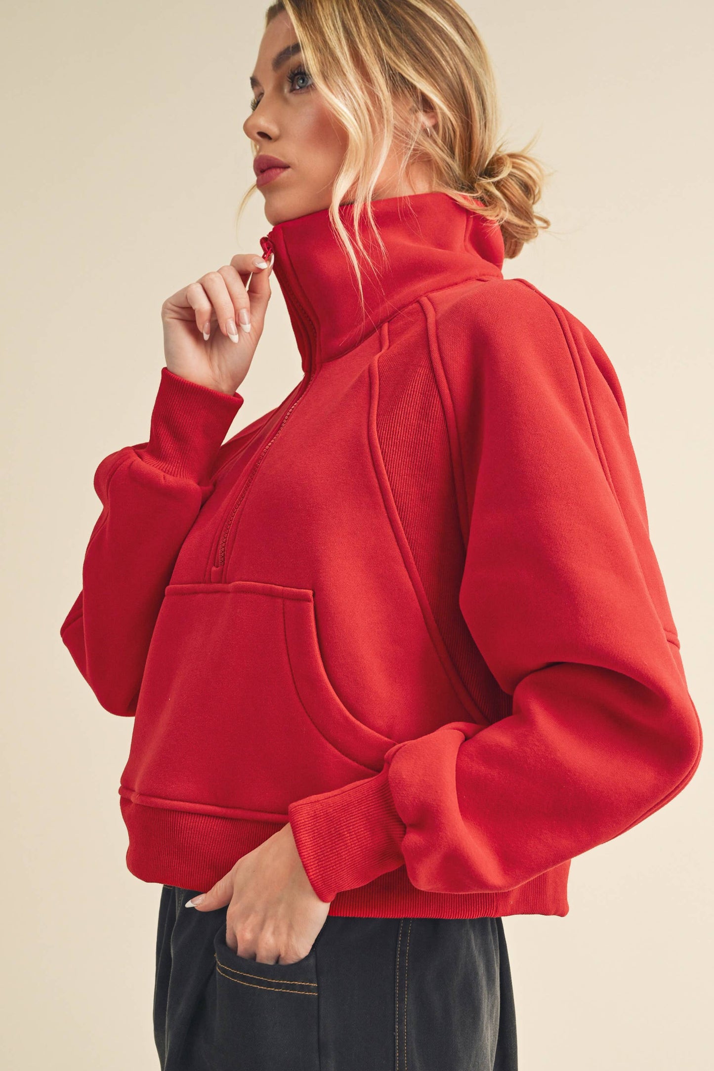Red Funnel Neck Half Zip Sweatshirt