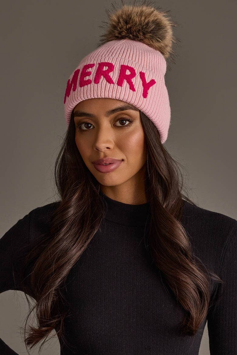 Pink Merry Knit Beanie Pom Hat