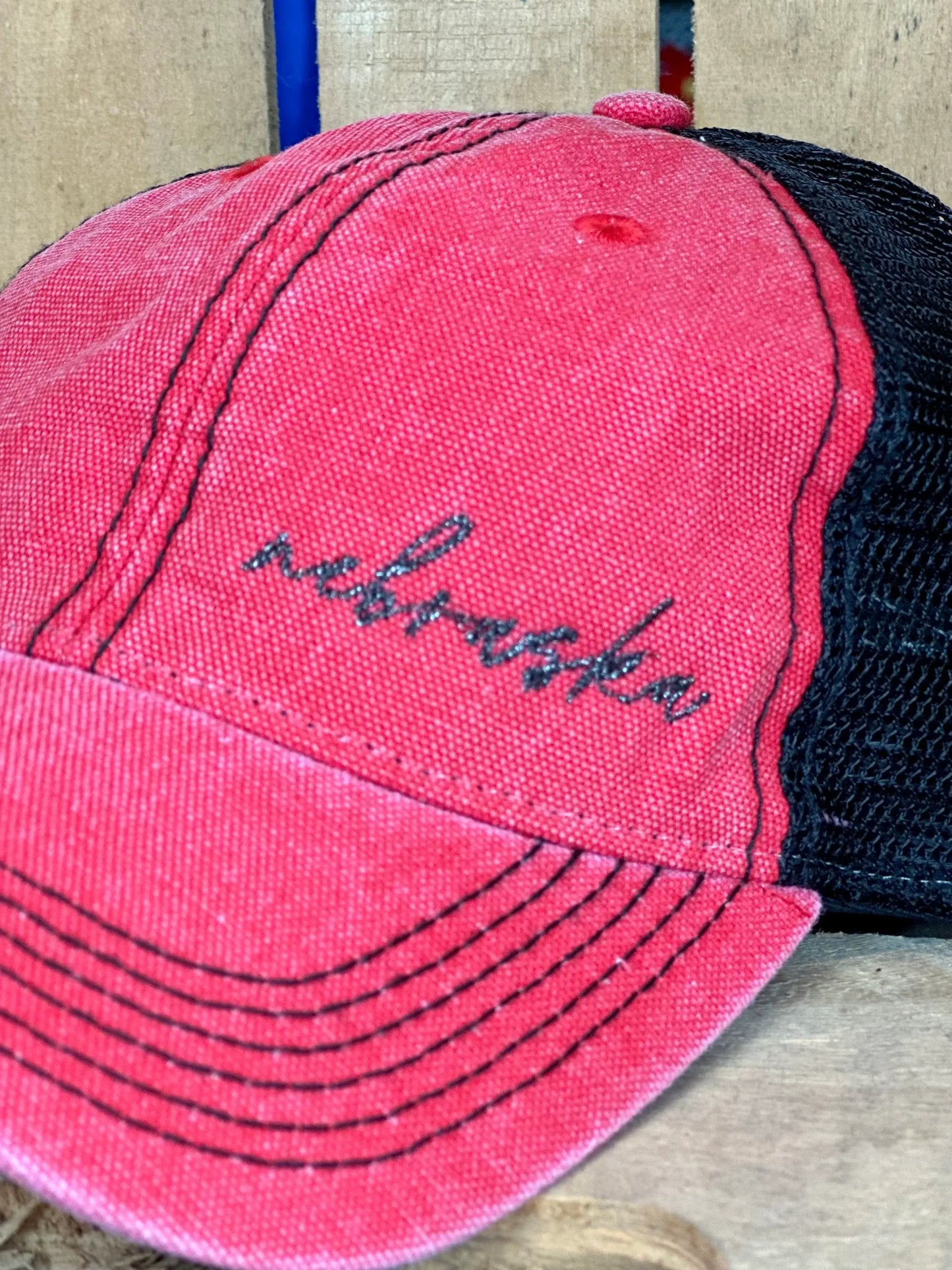 Nebraska Script Hat Embroidered with Metallic Thread