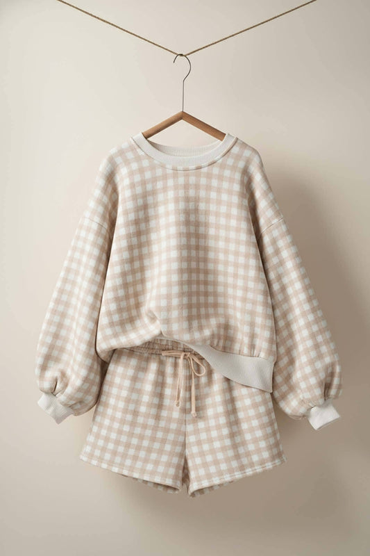 Tan Gingham Knit Lounge Set