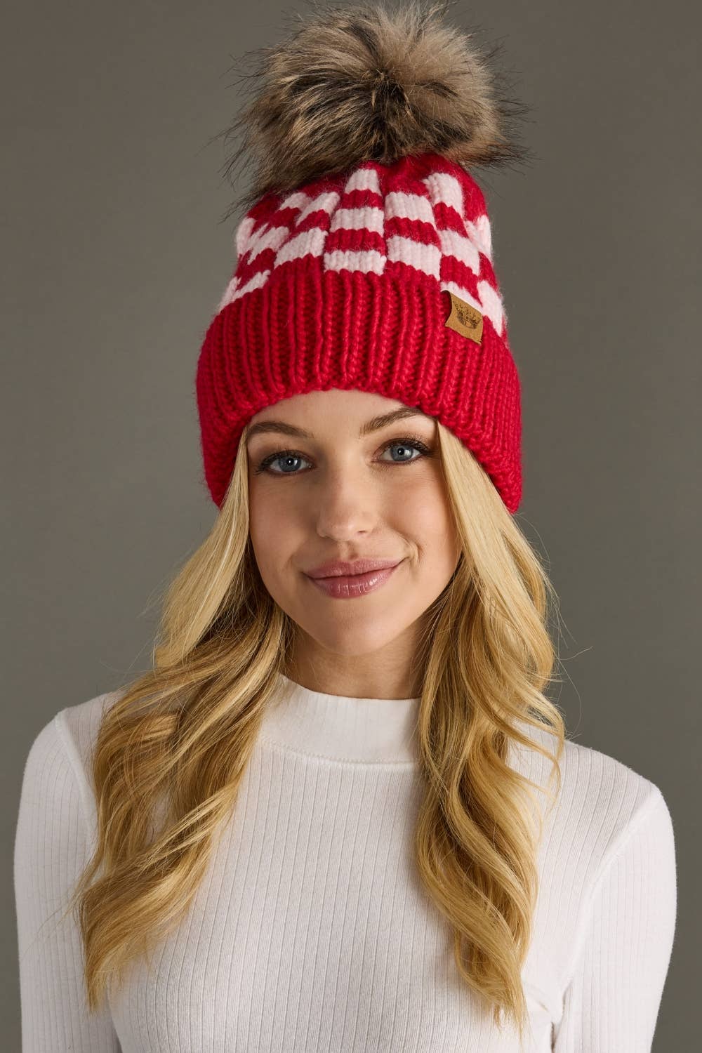 Red & Pink Checkered Pom Hat