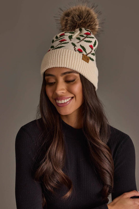 Holly Pattern Knit Beanie Pom Hat