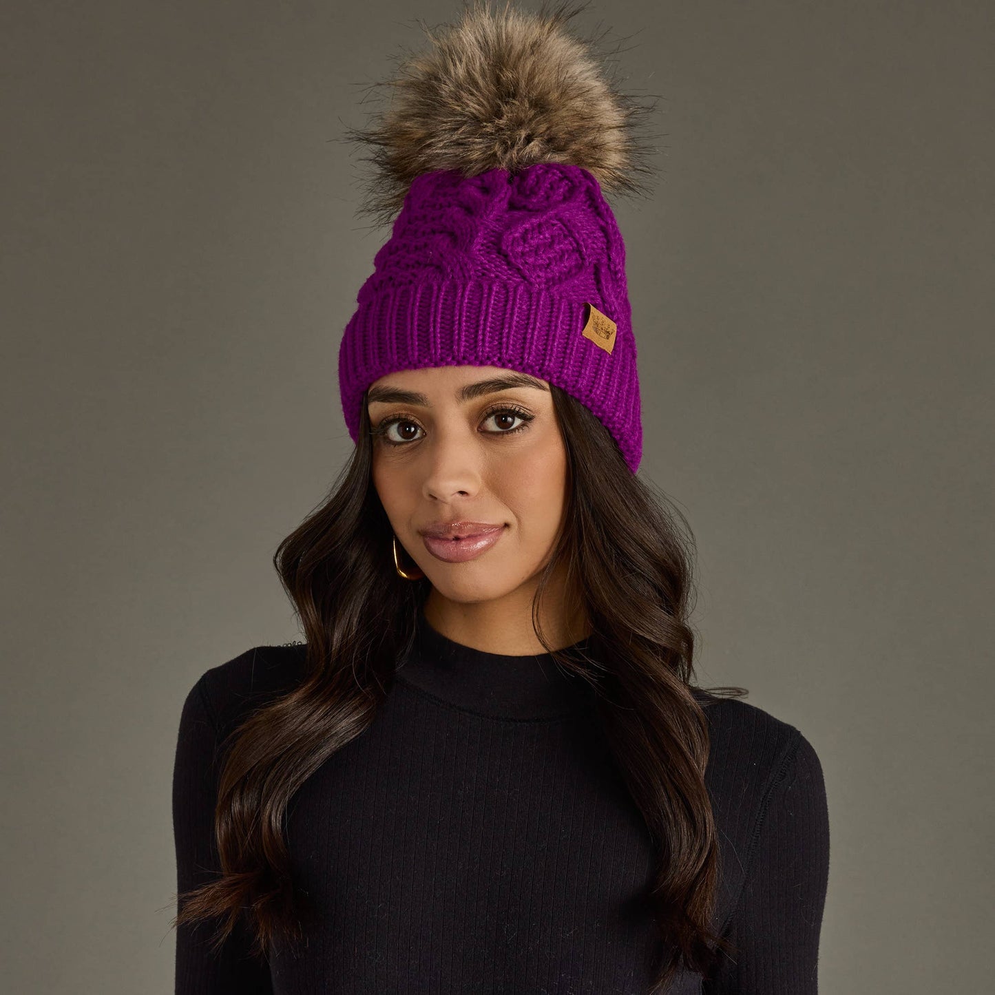Purple Cable Knit Pom Hat