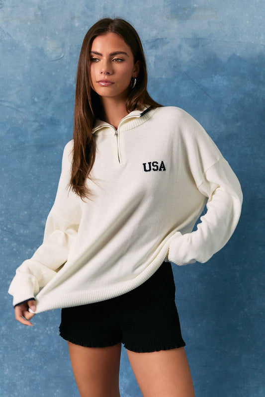 USA Flag Knit Quarter Zip Sweater