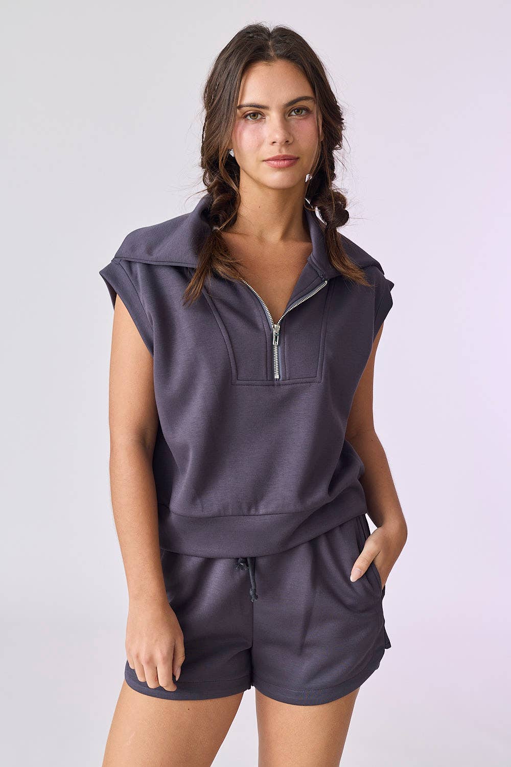 Charcoal Grey Half Zip Top and Shorts Set