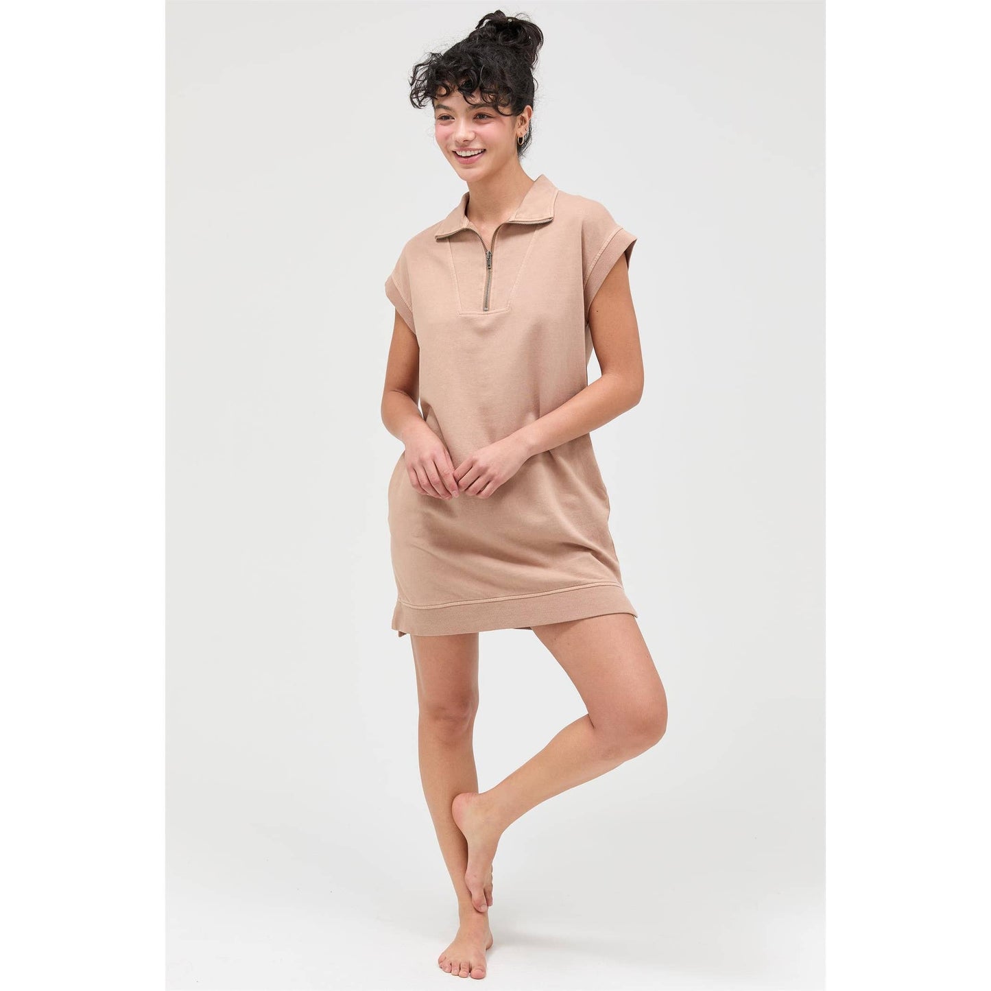 Half Zip Up Mock Neck Mini Dress: DARK TAUPE