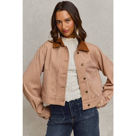 Stripe Twill Button Down Corduroy Collar Jacket