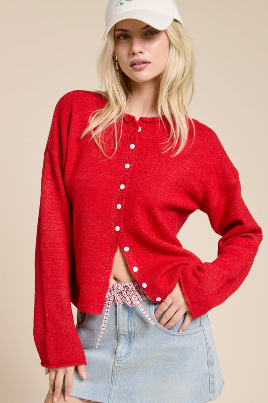 Red Essential Button Down Cardigan