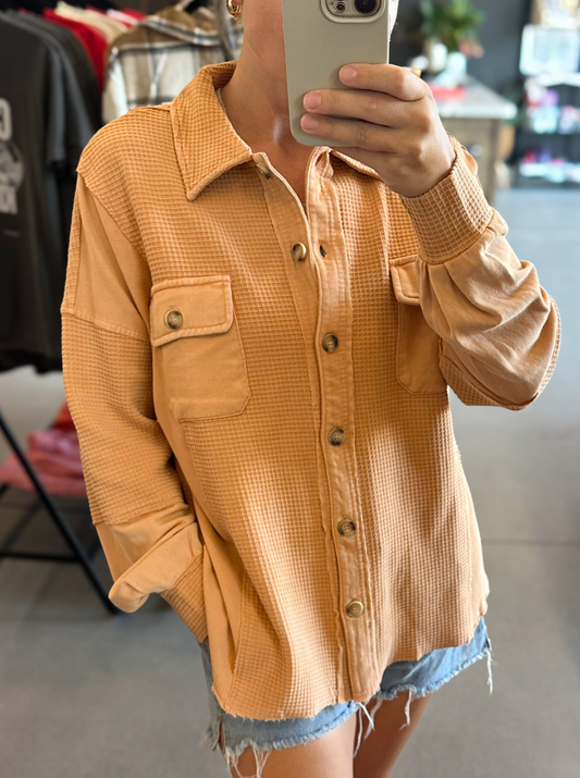 Camel Brown Garment Washed Waffle Knit Shirt Jacket
