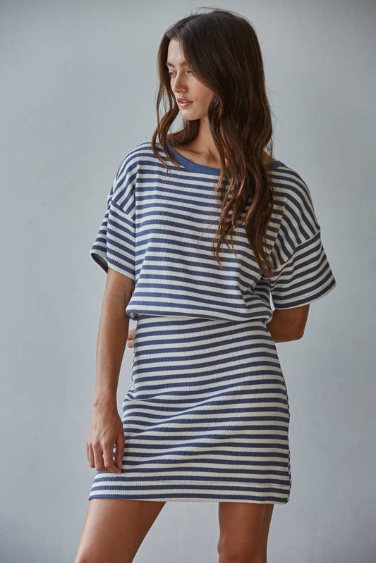 Blue Knit Cotton Striped Ribbed Short Sleeve Dress