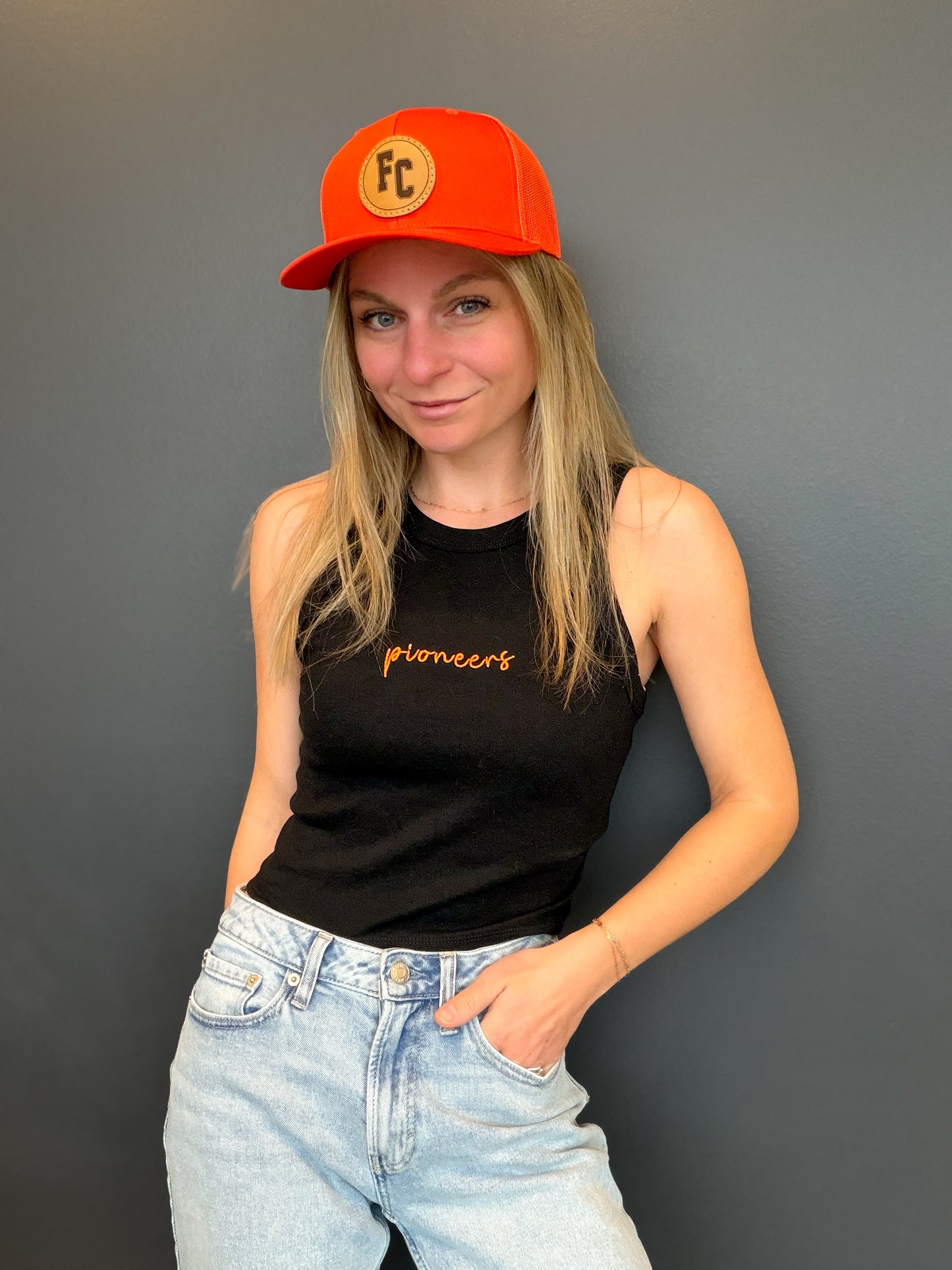 Pioneers Embroidered Micro Rib Crop Tank Top
