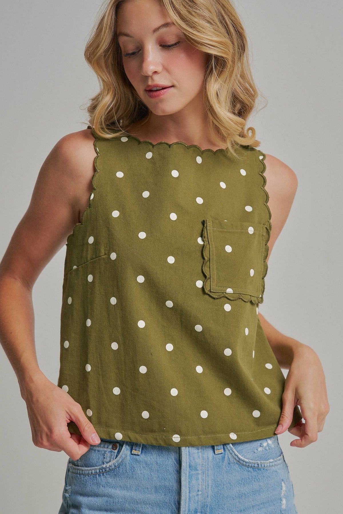 Polka Dot Twill Top with Pocket