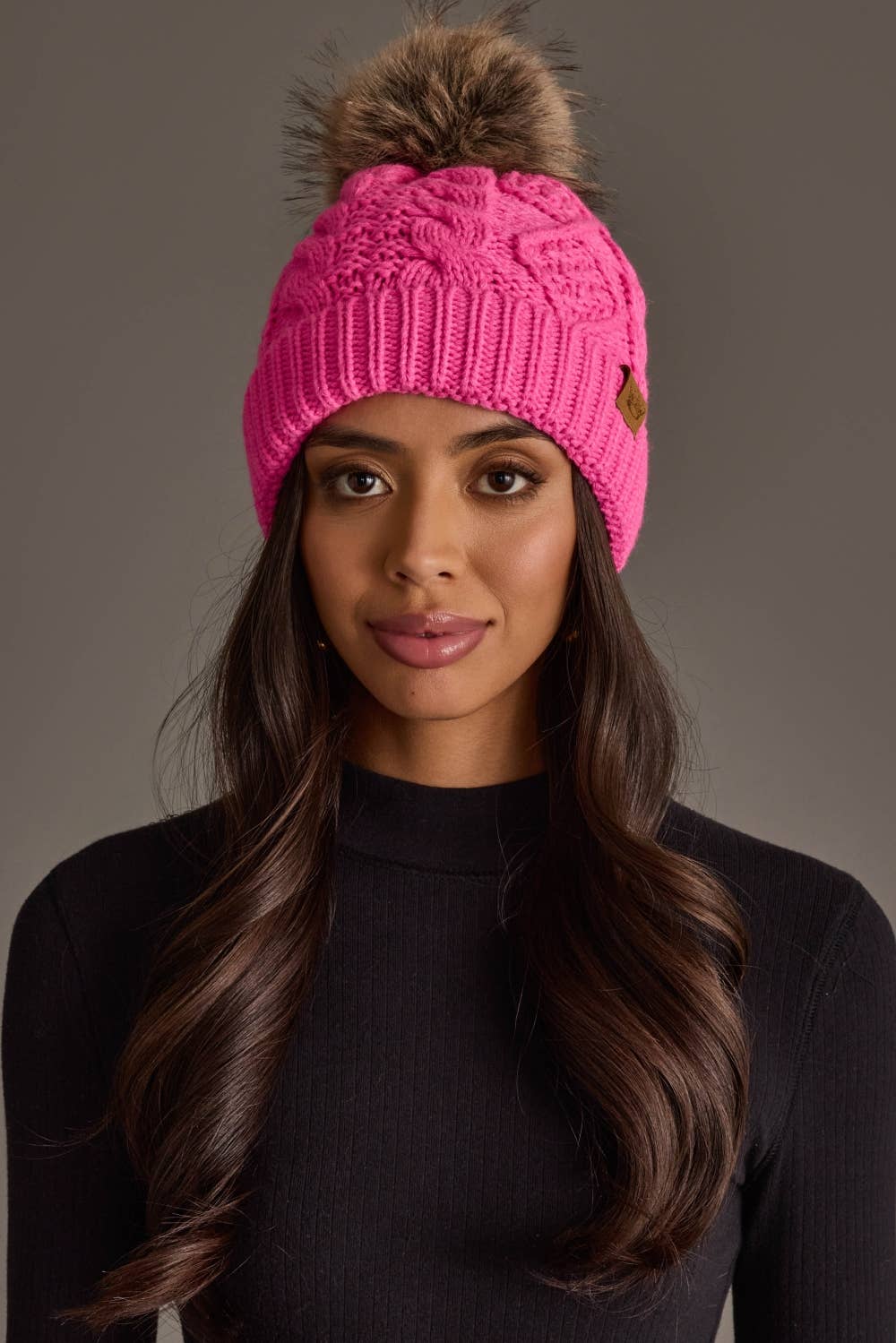 Bright Pink Cable Knit Beanie Pom Hat