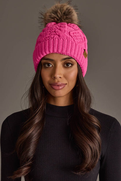 Bright Pink Cable Knit Beanie Pom Hat