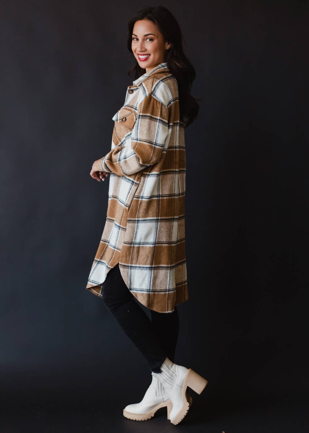 Tan, Cream & Gray Plaid Long Flannel Jacket