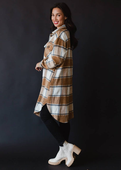 Tan, Cream & Gray Plaid Long Flannel Jacket