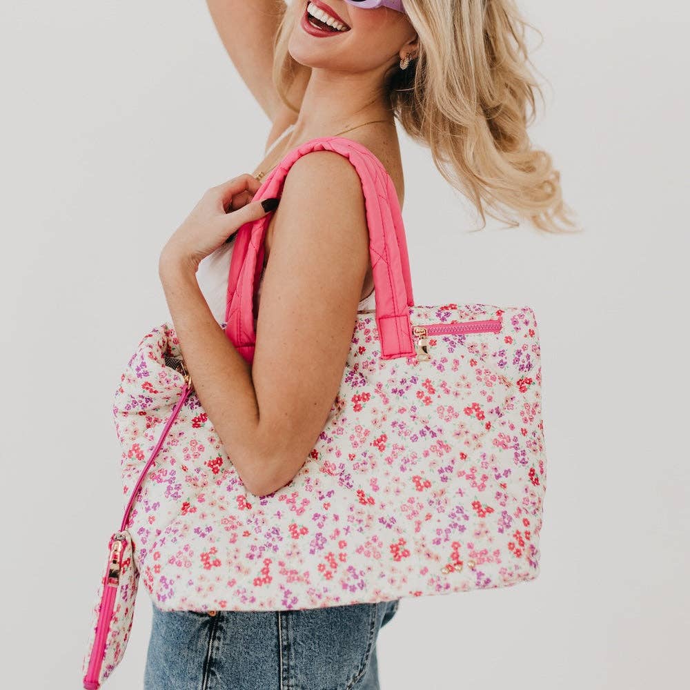 Pink Floral Puffer Quilted Tote Bag With Pouch