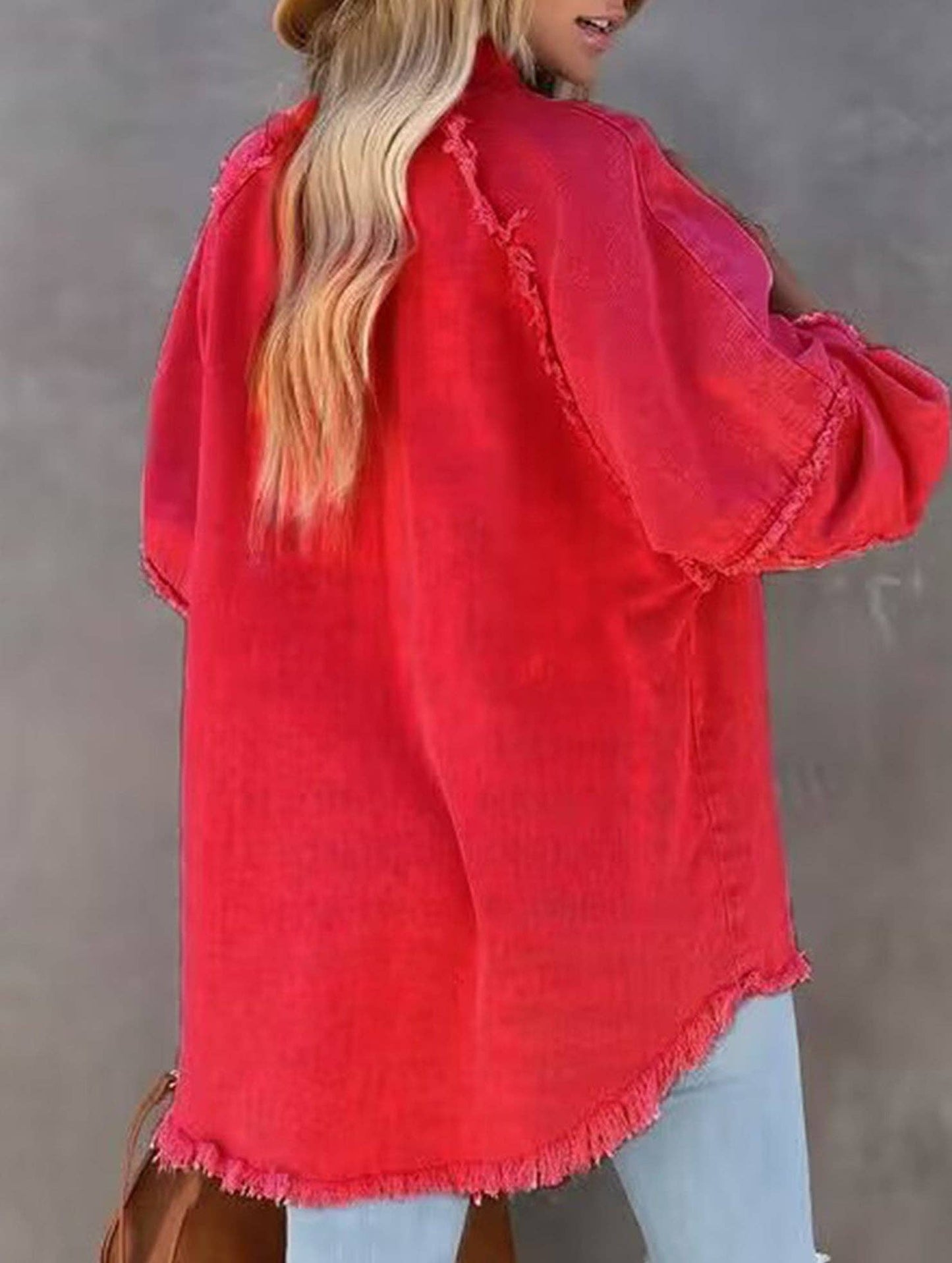 Red Oversized Raw Edge Denim Jacket