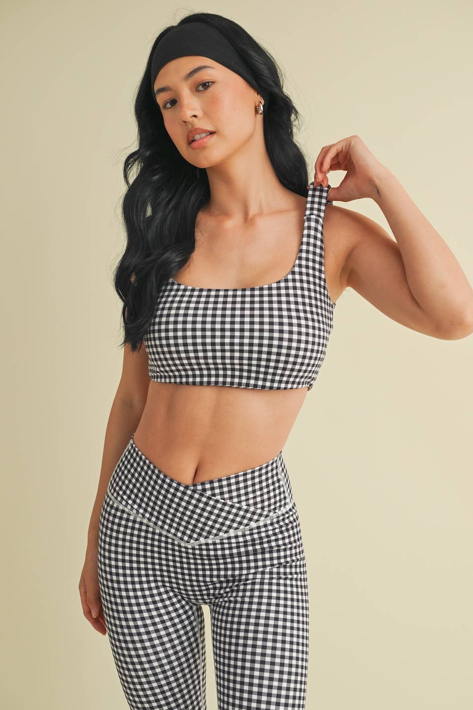 Black Gingham Print Ruched Bra Top
