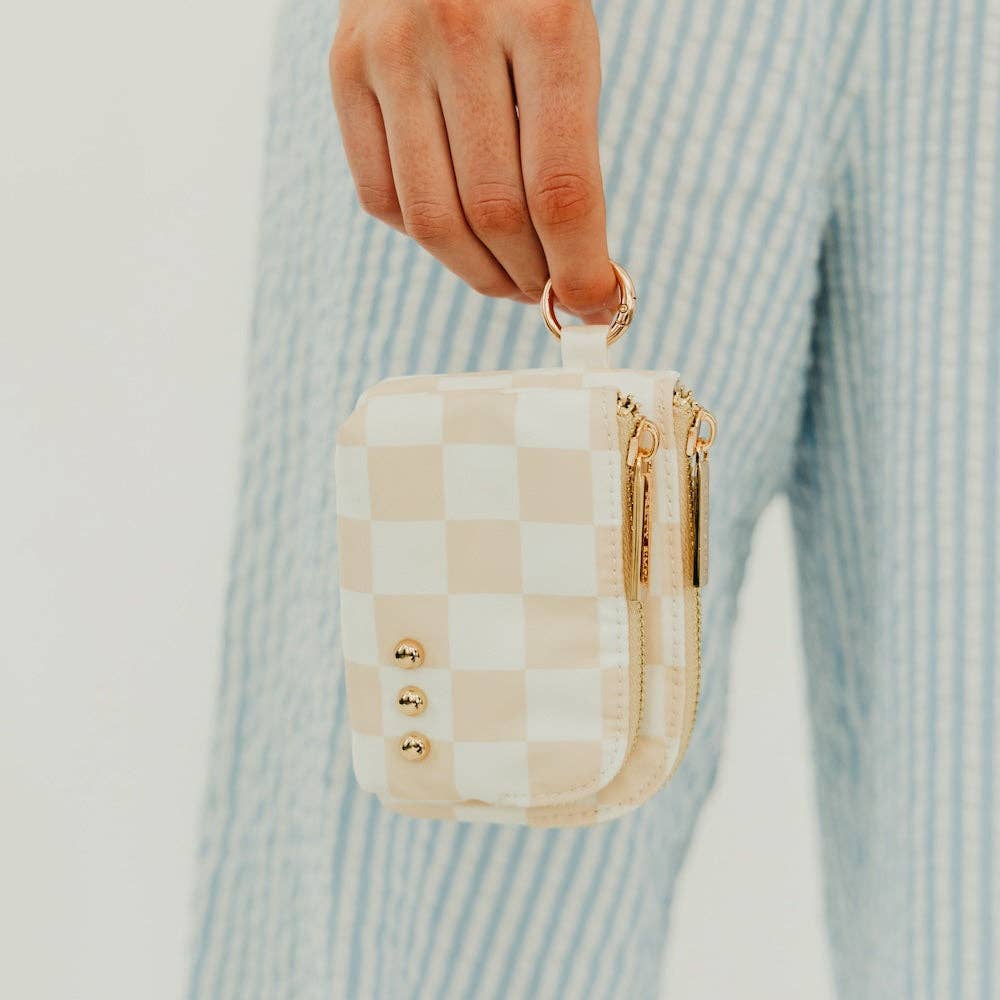 Nylon Double Zip Card Wallet: Checkered Tan