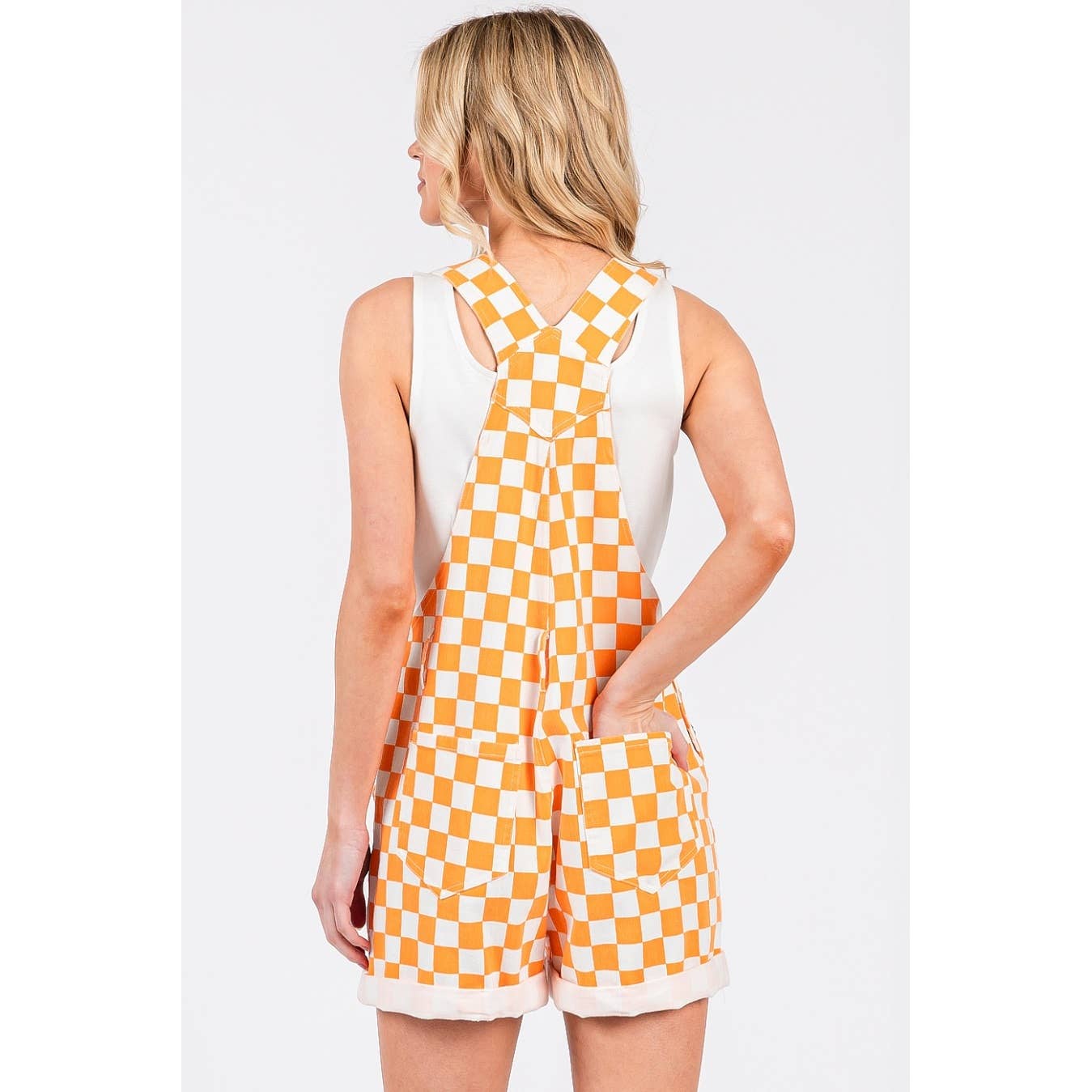 Orange Checkered Romper Bib Overalls
