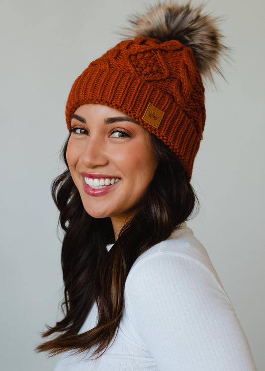 Rust Cable Knit Beanie Pom Hat