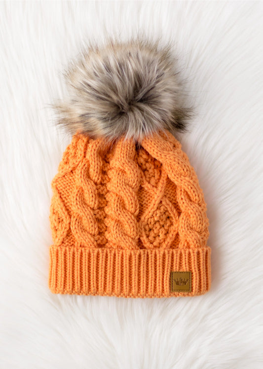 Orange Cable Knit Pom Hat