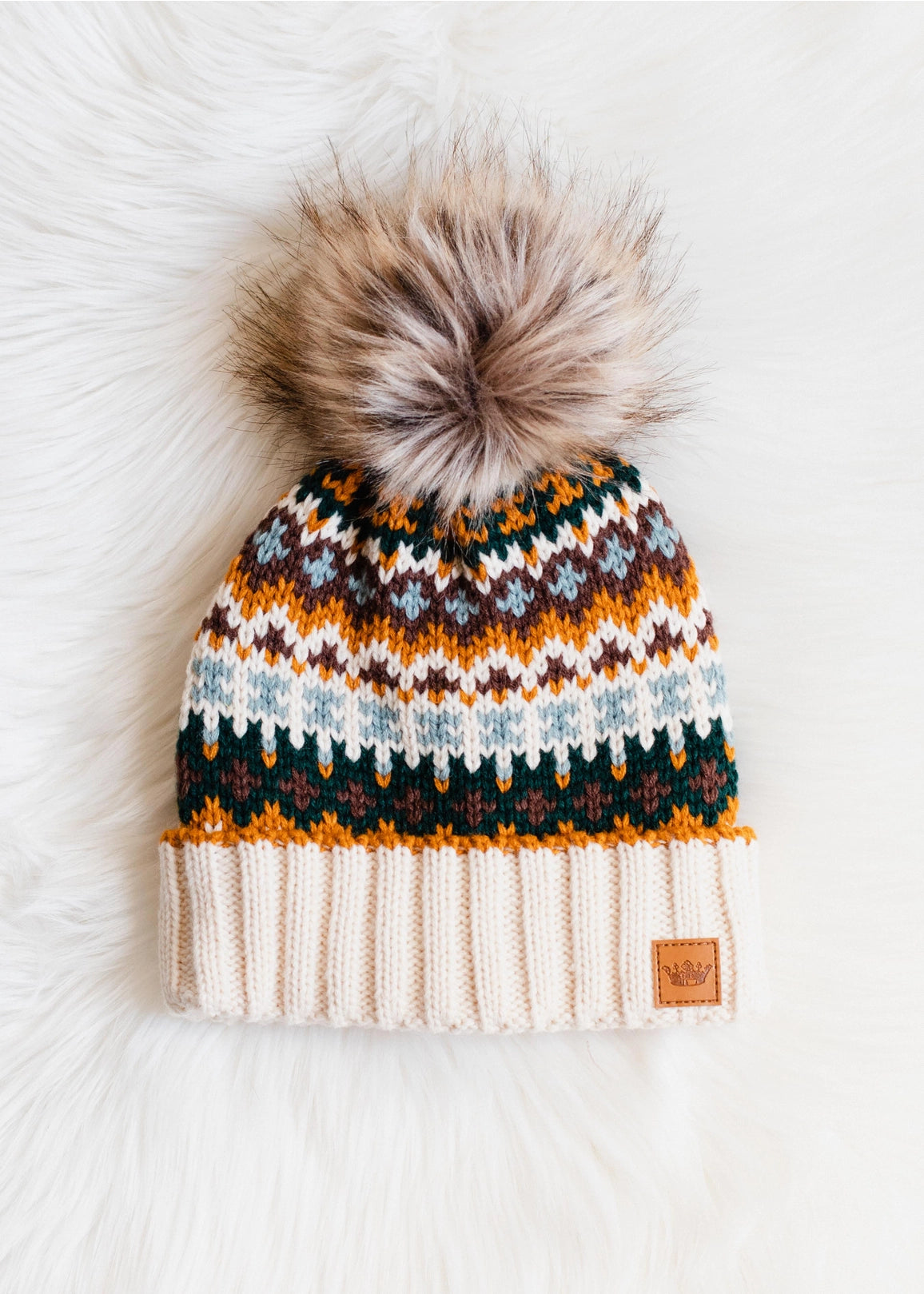 Cream Patterned Knit Pom Hat