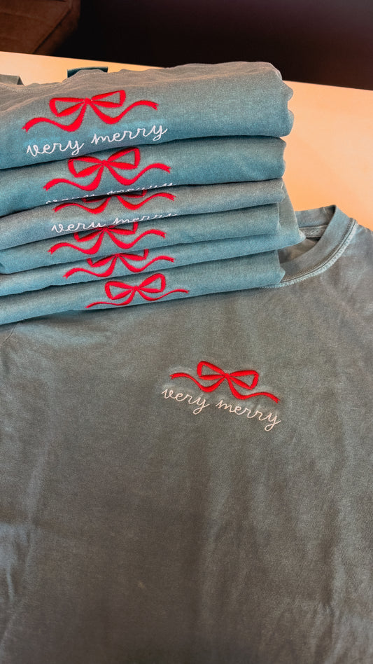 Very Merry Bow Embroidered T-Shirt