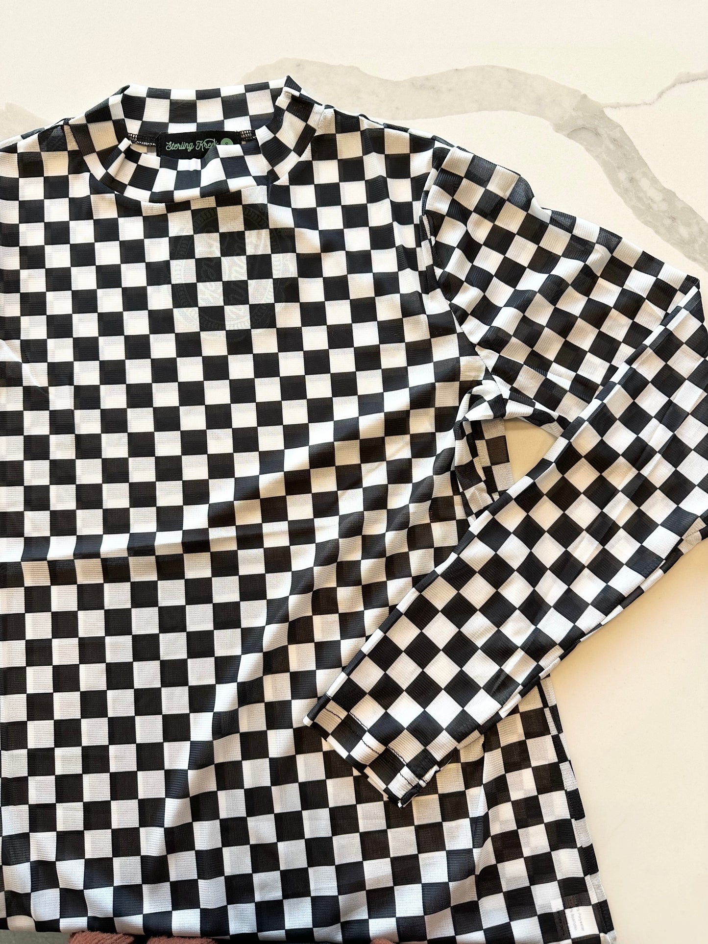 Checkered Mesh Long Sleeve Top