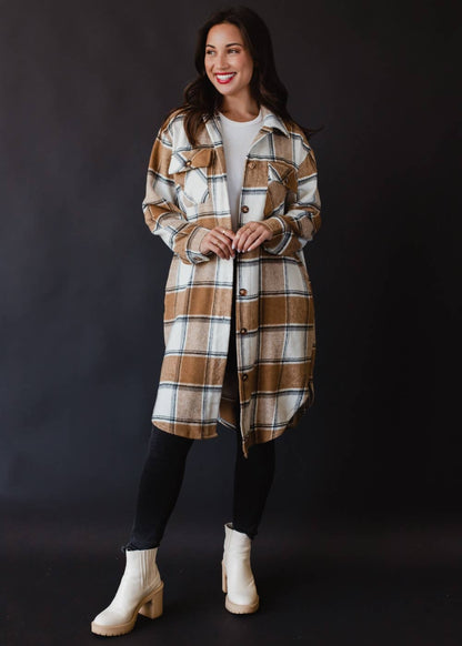 Tan, Cream & Gray Plaid Long Flannel Jacket
